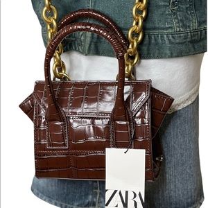 Zara Crossbody bag brown gold chain handle Animal Print Textured Mini Handbag